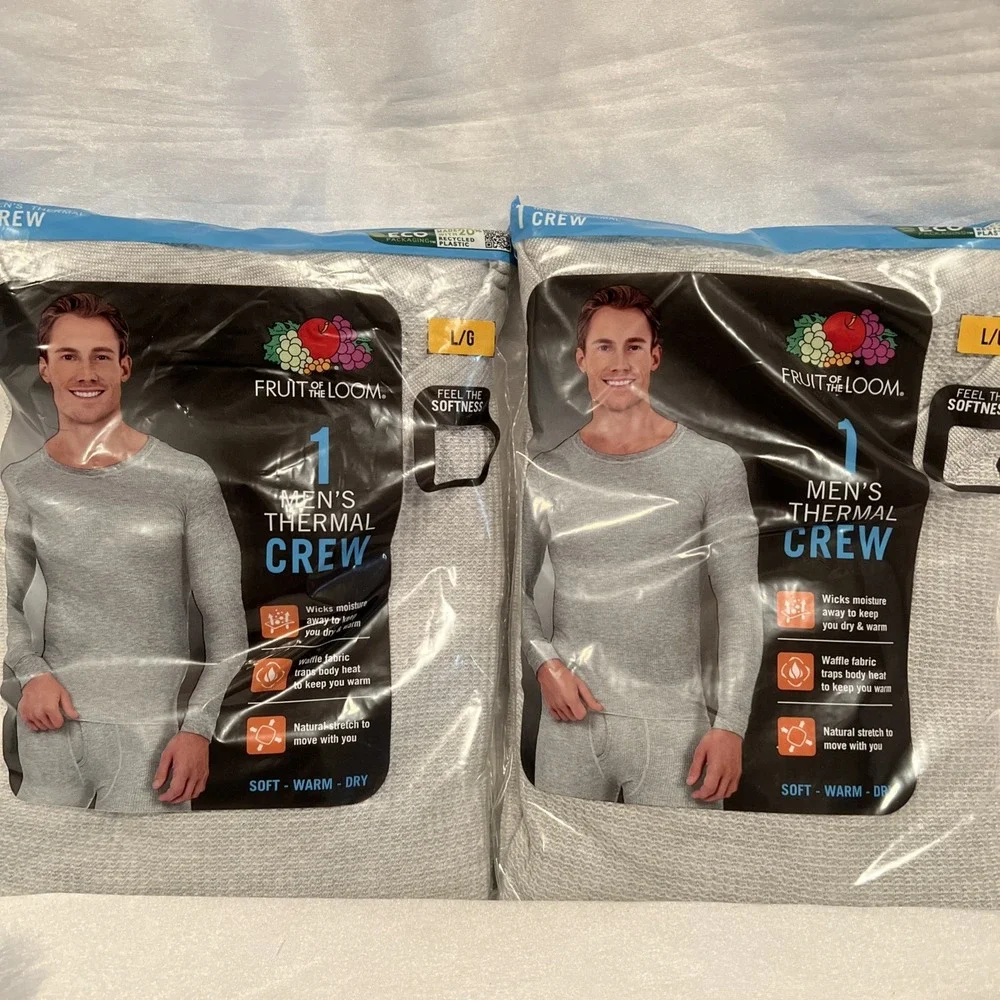 2- Fruit of the Loom Thermal Top Shirt Base Layer Long John Gray Waffle Men's L